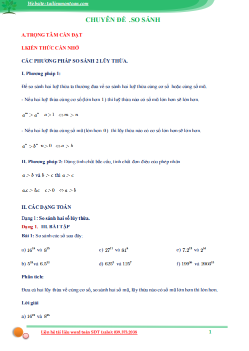 Chuyên đề so sánh nâng cao toán lớp 6